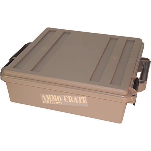 Beige Kunststoffbox mit Aufschrift "Ammo Crate Utility Box", geschlossen, seitliche Griffe.
