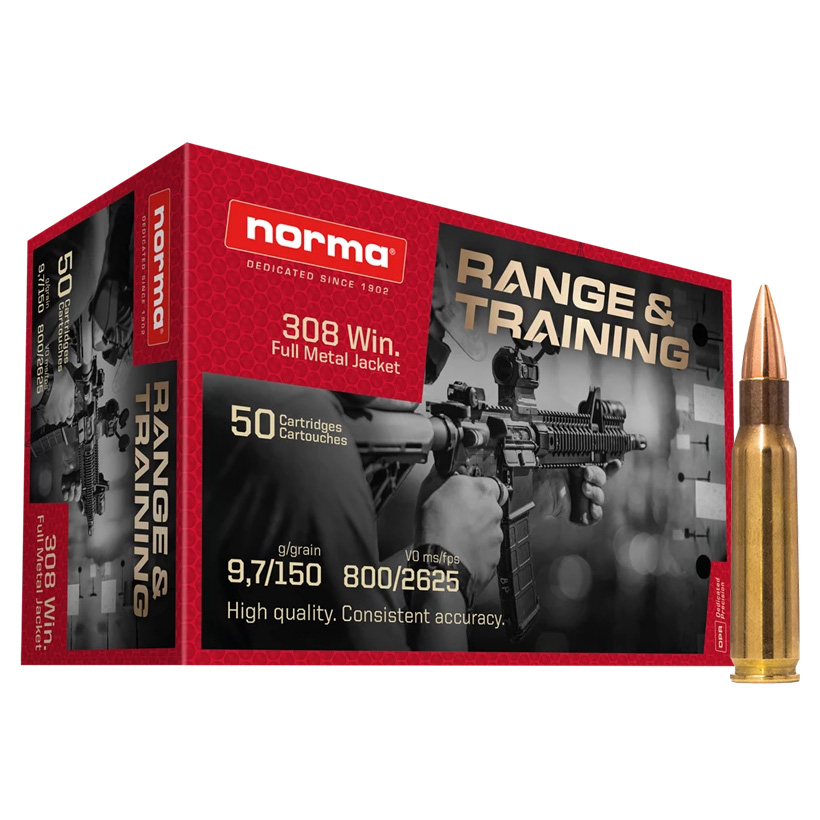 Munition in Schachtel, zeigt Gewehrbild, schwarze Schrift auf rotem Hintergrund.