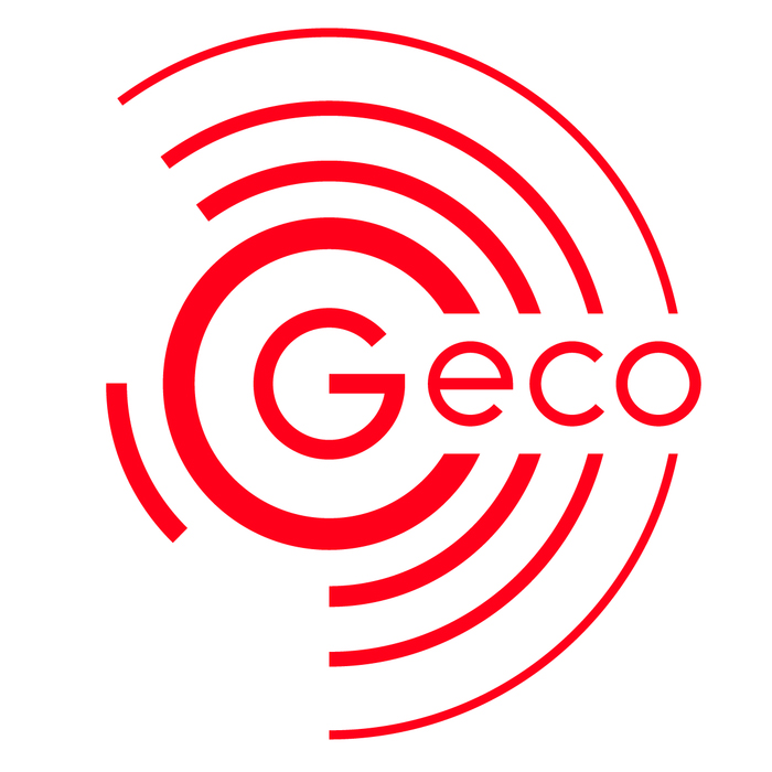 Rotes Logo mit konzentrischen Kreisen, Schriftzug "Geco" zentriert.