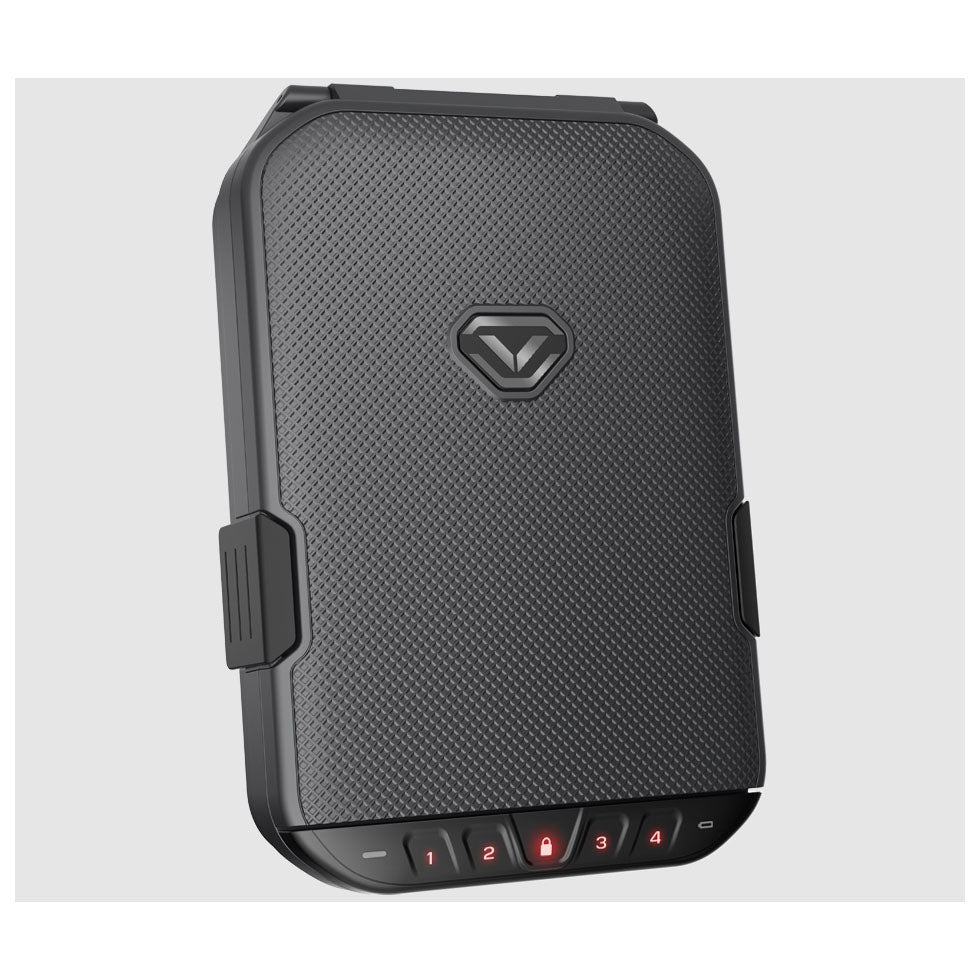 Schwarzer, strukturierter Safe, mit Zahlenschloss-Tasten, im modernen, minimalistischen Design.