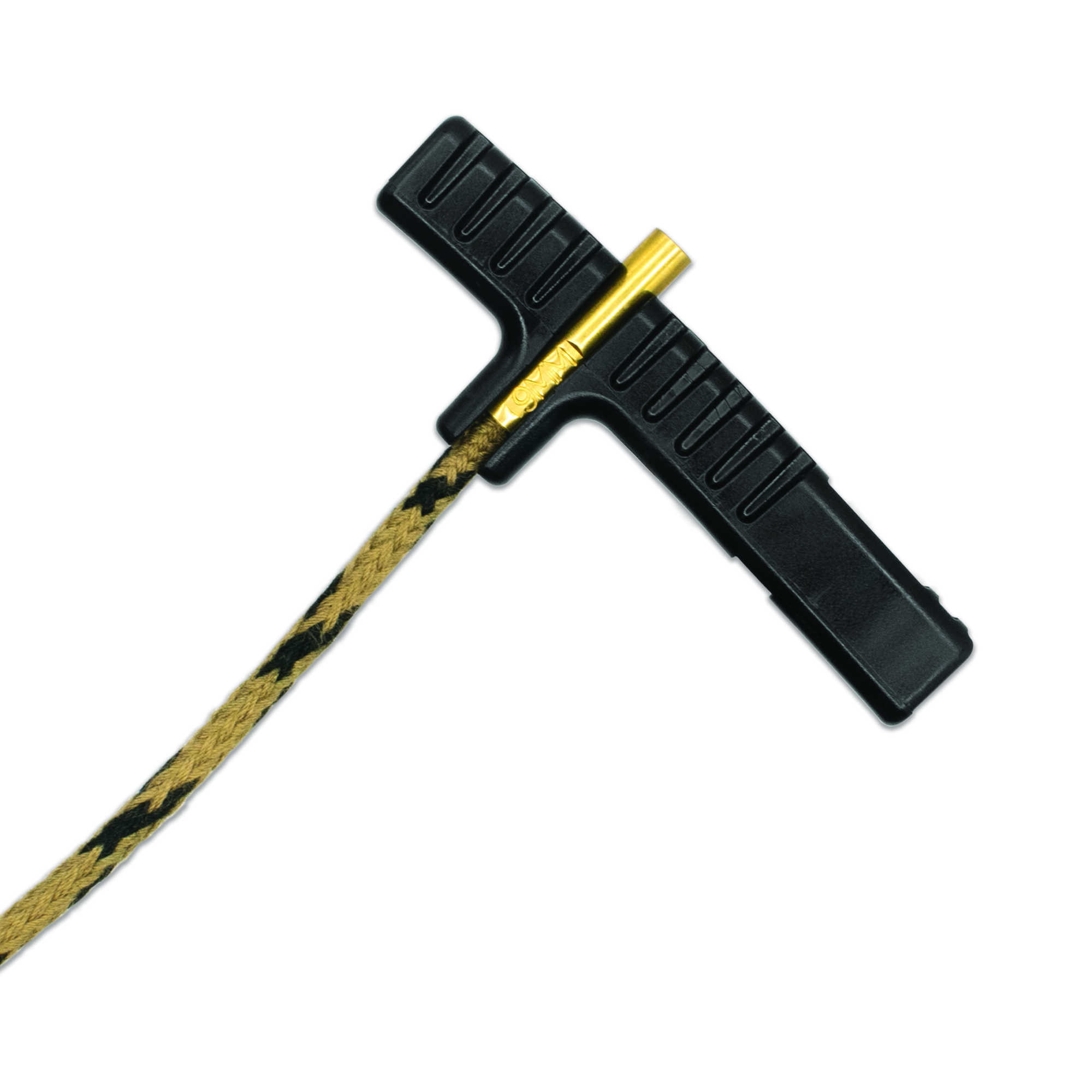 Reinigungswerkzeug mit schwarzem Griff und geflochtener Schnur, Nahaufnahme.