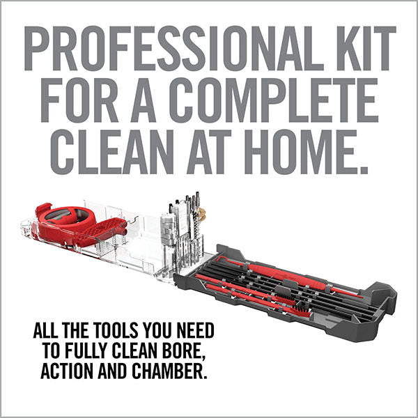 Reinigungsset in offener Box, enthaltene Werkzeuge, Text hebt Reinigungseffizienz hervor.