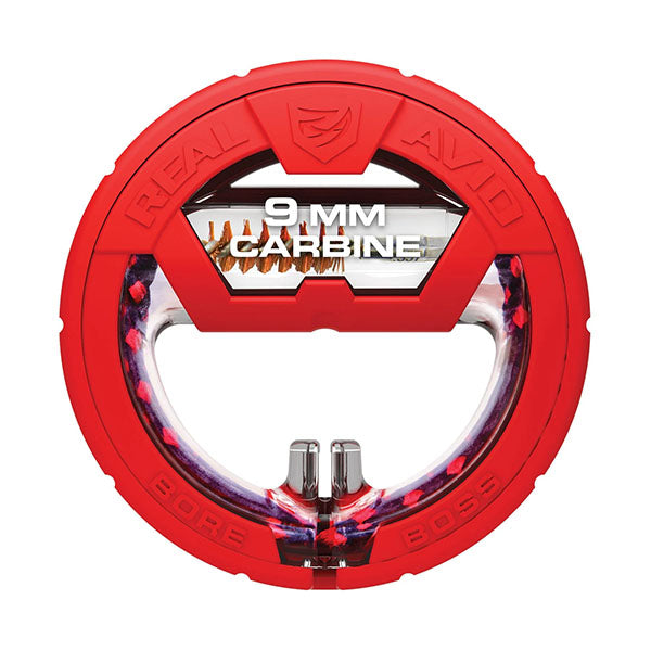 Rotes Reinigungswerkzeug in Scheibenform, Text "9 MM CARBINE".