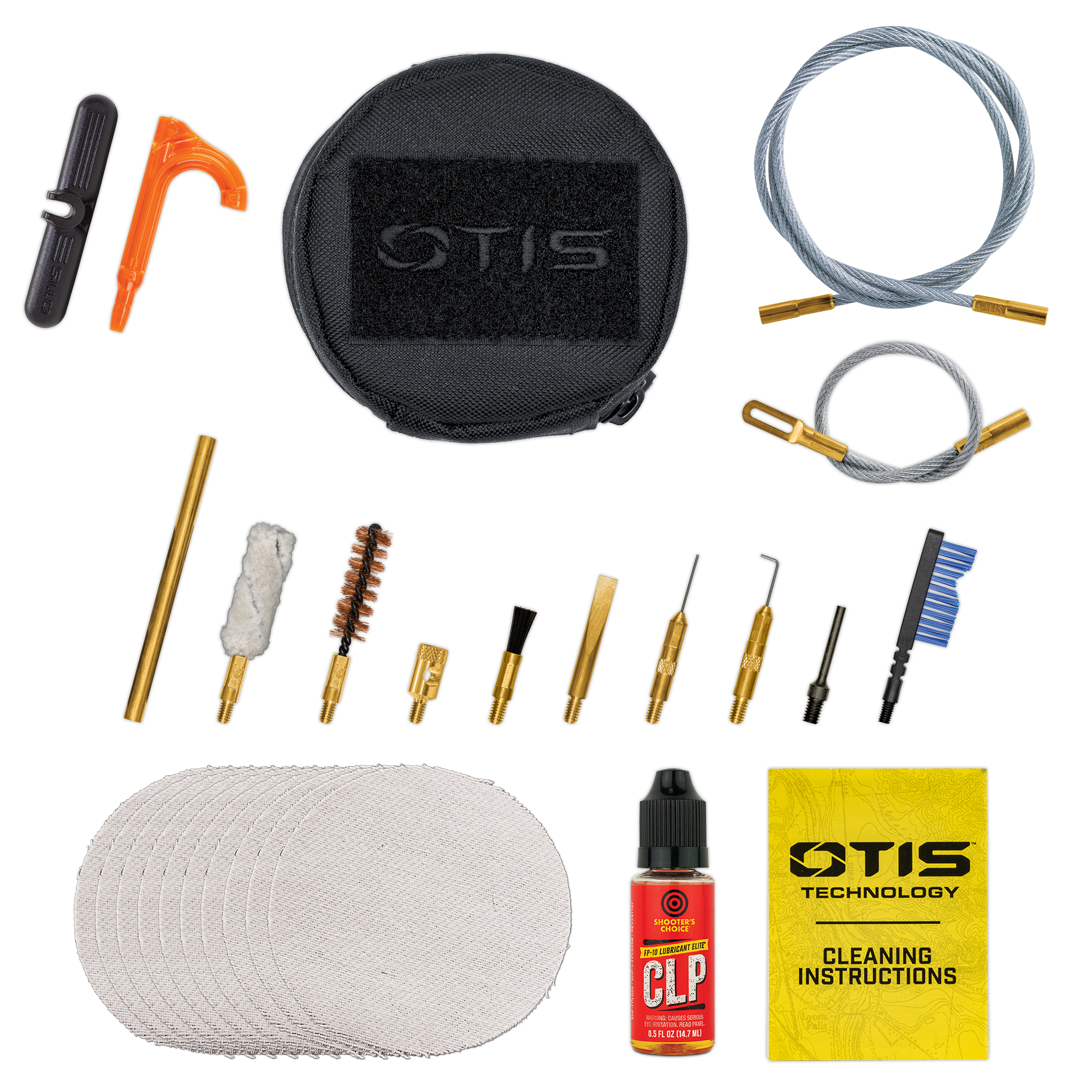 Verschiedene Reinigungswerkzeuge liegen neben einer schwarzen Tasche.