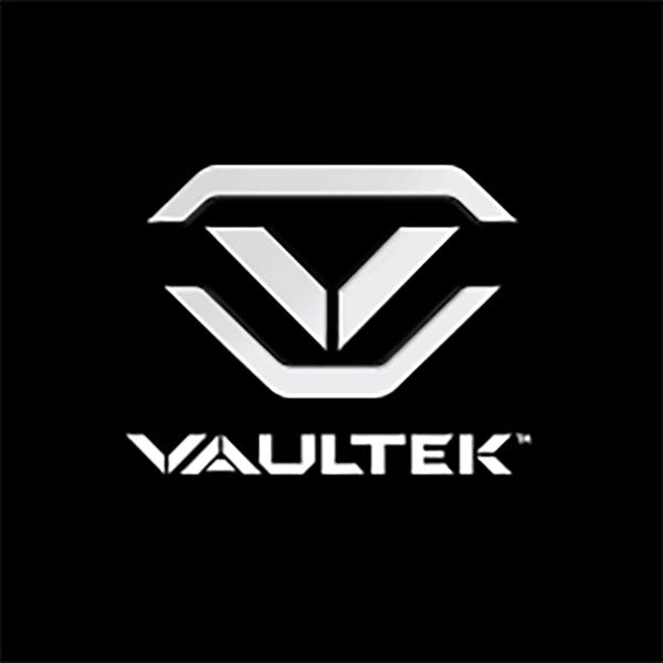 Silbernes Vaultek-Logo auf schwarzem Hintergrund, symbolisiert Sicherheit, Technologie und Stil.