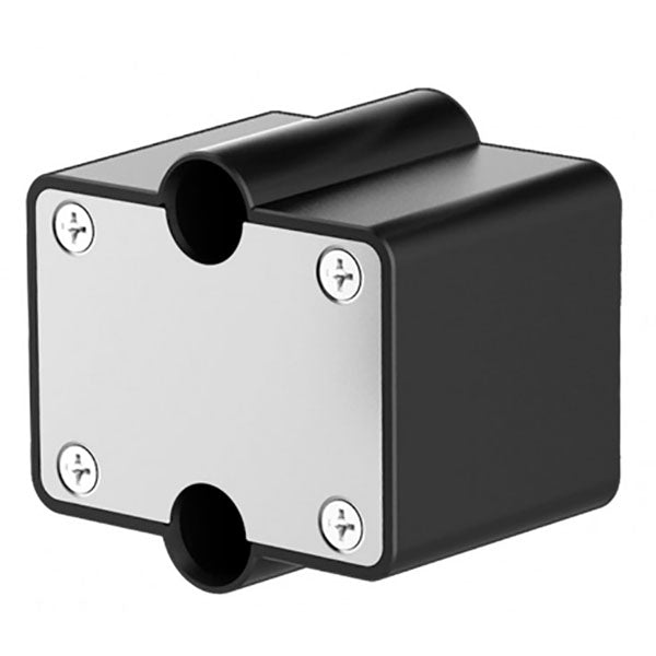 Schwarzes, eckiges Objekt mit silberner Front und vier Schrauben in minimalistischem Design.