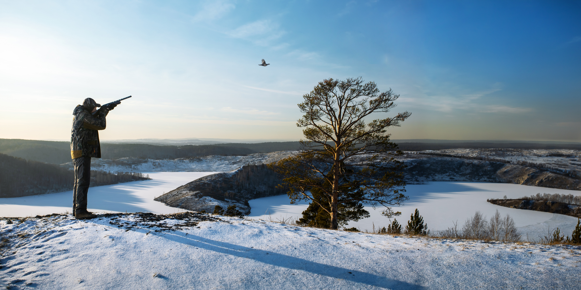 Jäger zielt mit Gewehr auf Vogel über verschneiter Landschaft