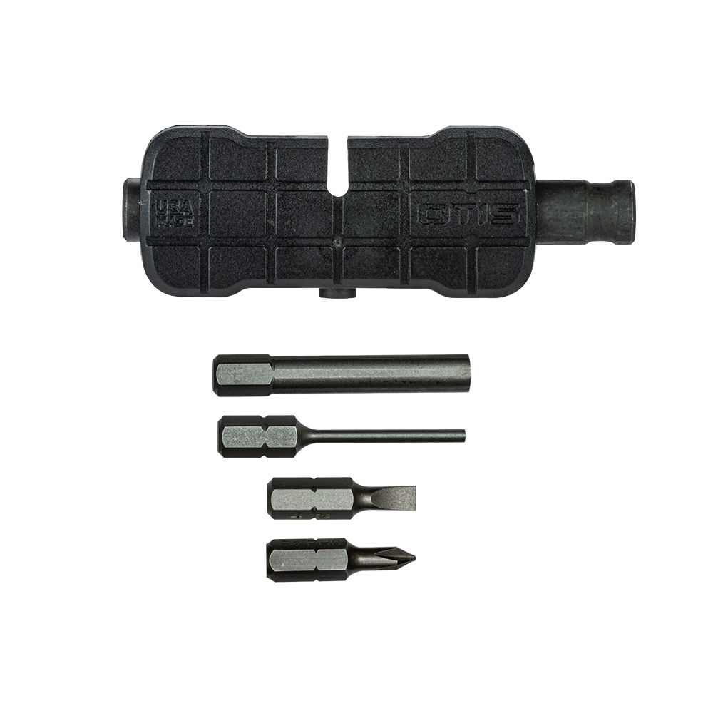 Werkzeugset mit einem schwarzen Griff und vier austauschbaren Metallbits.