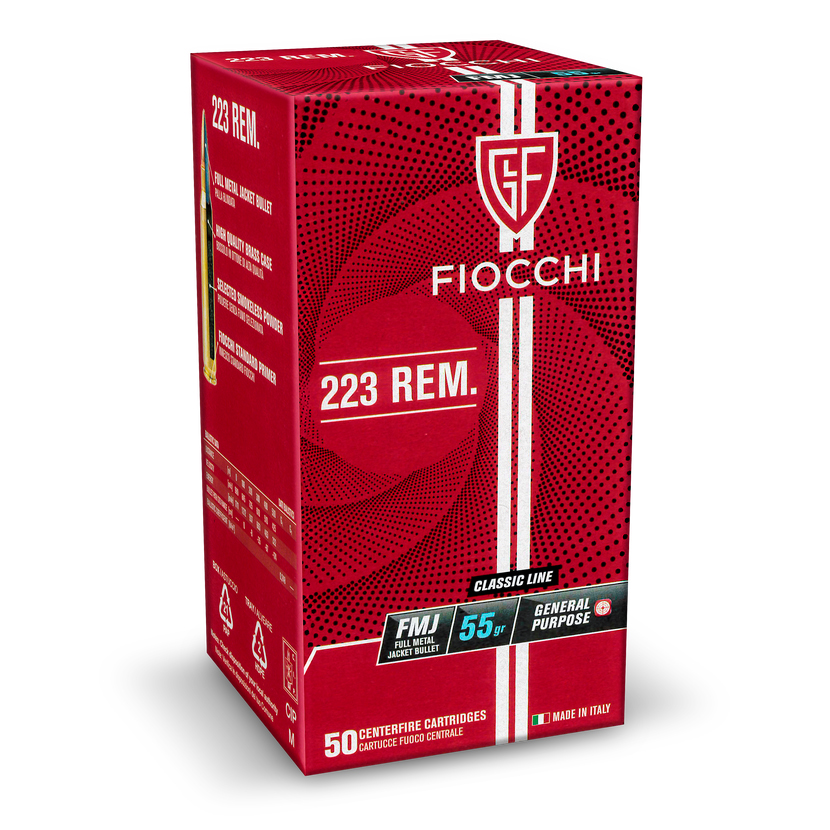 Rote Munitionsverpackung von Fiocchi, mit Aufschrift "223 REM.".