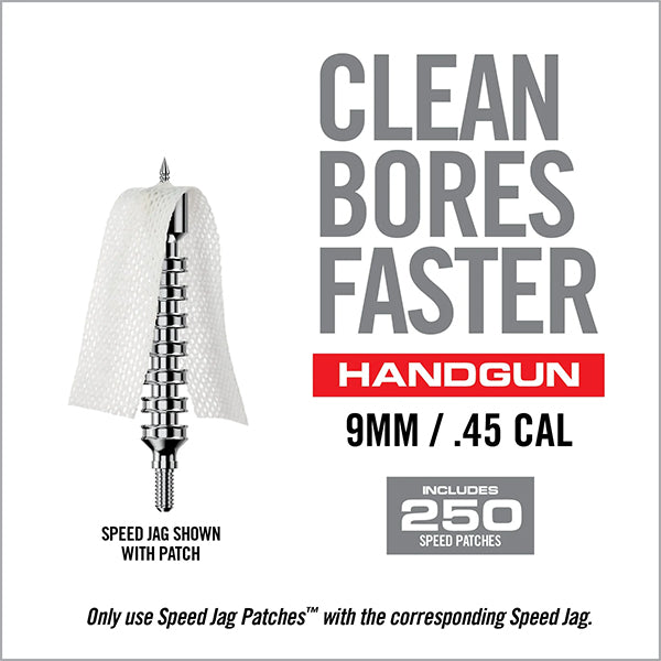 Speed Jag mit Patch, reinigt Handfeuerwaffen schneller, Text promotet 9mm/.45 Kaliber Set.